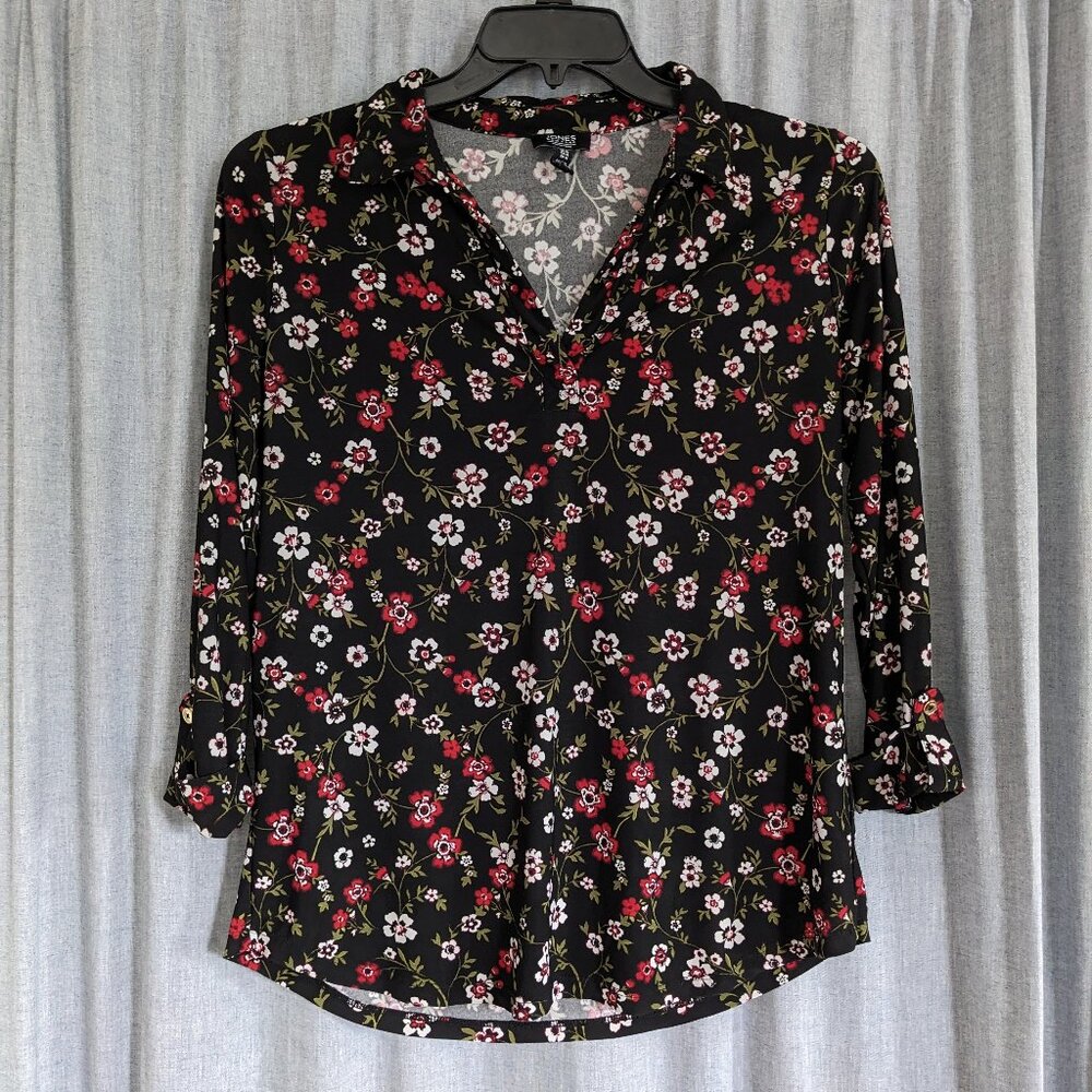 Jones New York black whimsygoth flower print long sleeve blouse size Medium